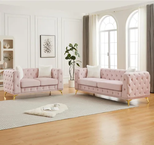 Miniatura 12 de KEIKI Sofá Chesterfield de terciopelo de lujo de 61 pulgadas con 2 almohadas, estilo mediados de siglo con botones copetudos de 2 plazas con cojines