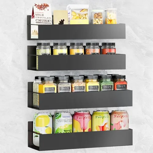 Miniatura 8 de Estante para especias de montaje en pared: 4 paquetes de almacenamiento y organización de despensa de gran tamaño sin taladrar – 11.8 pulgadas negro