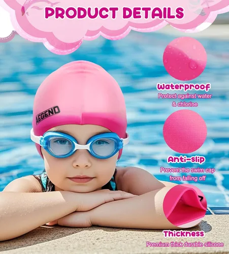 Miniatura 4 de Aegend Paquete de 2 gorros de natación para niñas y niños de 3 a 15 años, gorro de natación impermeable para niños, de silicona duradera