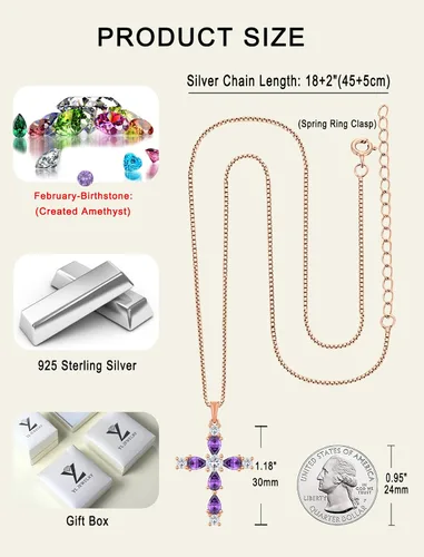 Miniatura 89 de YL Collar de cruz de plata de ley 925 con colgante de piedra natal religiosa para mujer