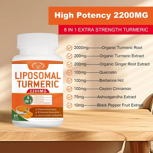 Miniatura 3 de Suplemento de curcumina de cúrcuma liposomal de 2200 mg con absorción mejorada de pimienta negra y jengibre, 95% de extracto de curcumina para apoyo