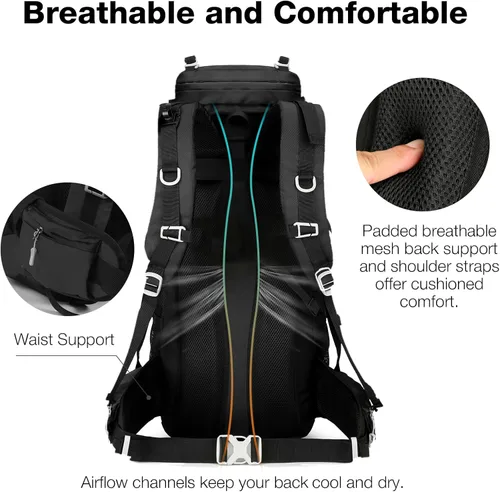 Miniatura 6 de Mochila de senderismo de 60 L con cubierta para lluvia, mochila larga impermeable para hombres y mujeres, mochila de mochila, mochila grande