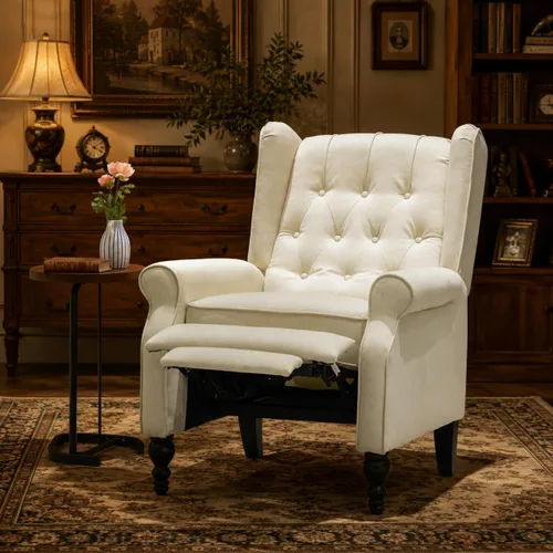 Miniatura 5 de Silla reclinable de ala de mediados de siglo para adultos, sillas reclinables modernas de tela de lino con respaldo acolchado con botones y Beige