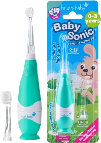 brush-baby Cepillo de dientes eléctrico BabySonic para bebés y niños pequeños de 0 a 3 años - Temporizador LED inteligente y vibración suave Verde
