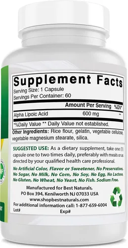 Miniatura 6 de Best Naturals Ácido alfa lipoico 600 mg 60 cápsulas – ALA Potente antioxidante (60 unidades (paquete de 2))