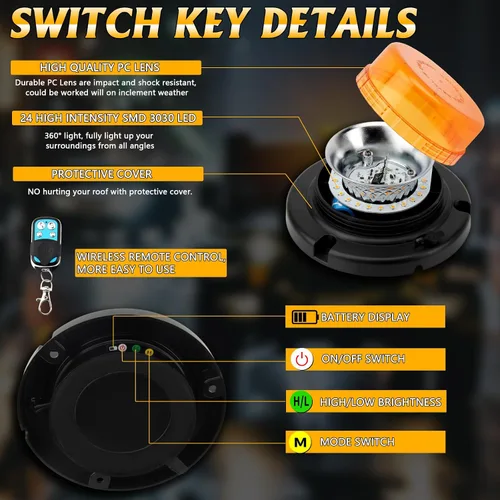 Miniatura 5 de Luz de baliza de control remoto, luces intermitentes recargables inalámbricas ámbar con imán, 15 modos, brillo alto y bajo para quitanieves