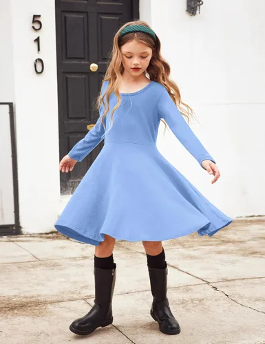 Miniatura 2 de Arshiner Girls Long Sleeve Stretchy Dress A line Twirly Skater School Party Dress