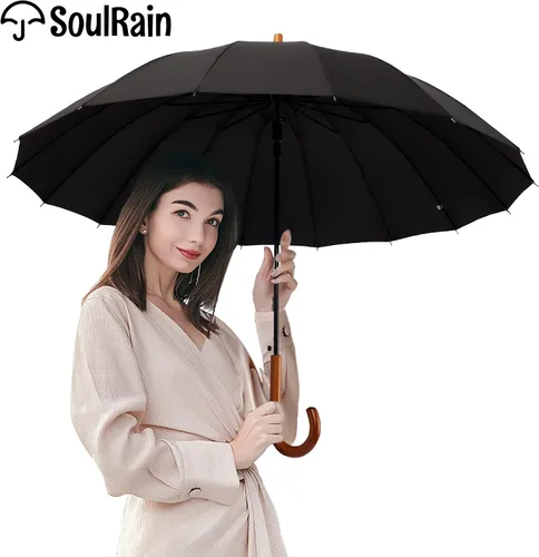 Miniatura 63 de SoulRain Paraguas de palo de 16 varillas de 48 pulgadas, apertura automática, color sólido, moderno y simple, mango de madera clásico de arco