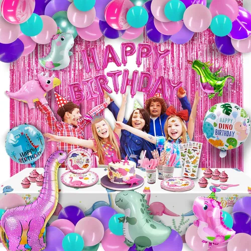 Miniatura 7 de 150 piezas de suministros de fiesta de cumpleaños de dinosaurios para niñas (sirve 12), decoraciones de fiesta de dinosaurio rosa, 50 globos