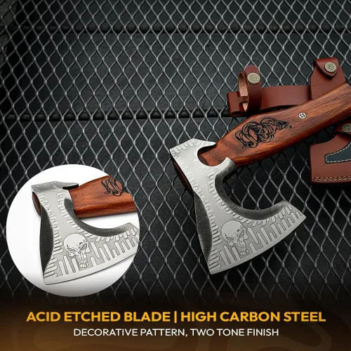 Miniatura 8 de Dessi Hacha Viking Hacha de acero al carbono grabado hoja hacha Tomahawk mango de madera de nogal dragón grabado envuelto agarre funda de cuero
