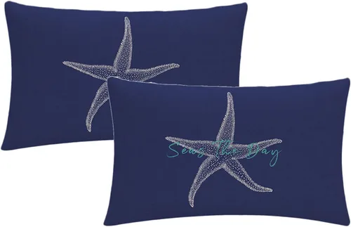 Juego de 2 fundas de almohada con diseño de mar y estrella de mar sobre fondo azul marino, rectangular, para la cintura, diseño de mar costero,