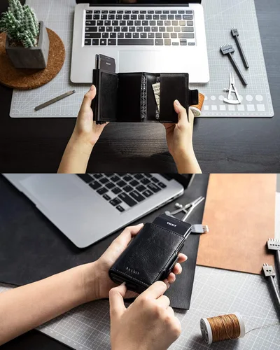 Miniatura 4 de VULKIT Tarjetero de crédito con bloqueo RFID de cuero automático, billetera desplegable delgada con clip para dinero, funda doble para tarjetas