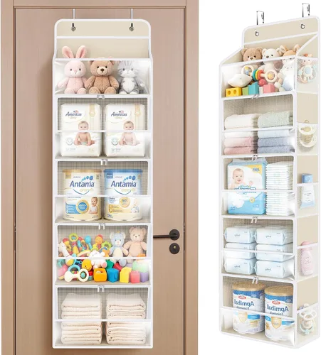 Miniatura 11 de Univivi Organizadores colgantes para colgar sobre la puerta, armario de guardería, armario de almacenamiento para bebés con 4 compartimentos Beige