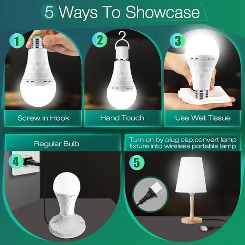Miniatura 5 de Bombilla de luz de emergencia recargable con gancho, permanece encendida durante fallas de energía, 1500 mAh, 12 W, bombillas LED equivalentes a 60