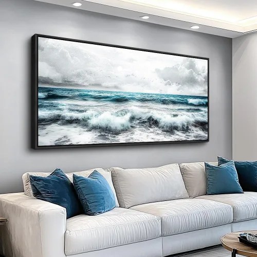Miniatura 16 de ERQINHUA Gran decoración de pared para sala de estar, arte de pared en lienzo para restaurante, decoraciones para oficina, pinturas de mar azul