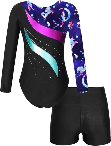 Miniatura 2 de TiaoBug Conjunto de leotardo de gimnasia de manga larga para niñas y niñas con pantalones cortos