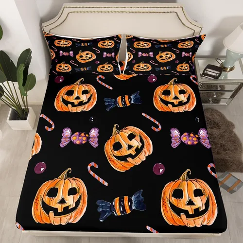 Miniatura 12 de Erosebridal Sábana bajera ajustable de Halloween, diseño de calabaza de dibujos animados, diseño de arco iris para niños, niñas, adolescentes
