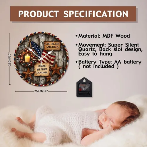 Miniatura 8 de ArogGeld God Bless America USA 250th Anniversary Clock 250 Years of Freedom 1776-2026 Wooden Wall Clocks Battery Operated 10 Inch Men Cave Home