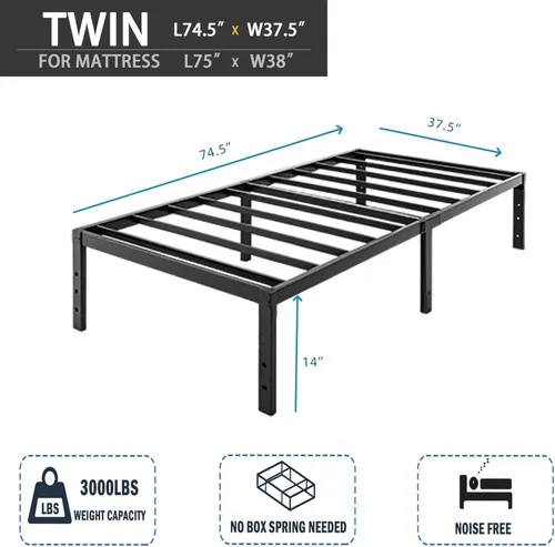 Miniatura 2 de Base de cama de tamaño individual, base de metal resistente y resistente, plataforma de 14 pulgadas de altura, fácil montaje, color negro, base