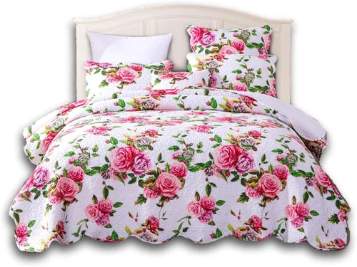 Miniatura 9 de DaDa Bedding Juego de colcha floral de rosas románticas, encantador color rosa y blanco festoneado, colorido, ligero, transpirable, colcha acolchada