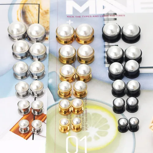 Miniatura 6 de Qmcandy 2 unidades de túneles de oreja de perlas de acero inoxidable, doble acampanada, tapones de tornillo para perforación 2G-58 pulgadas