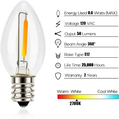 Miniatura 2 de Emotionlite - Bombillas de luz nocturna, bombillas LED C7 para candelabro, base de candelabro E12, equivalente a incandescente de 4 W, 5 W, 6 W, 7