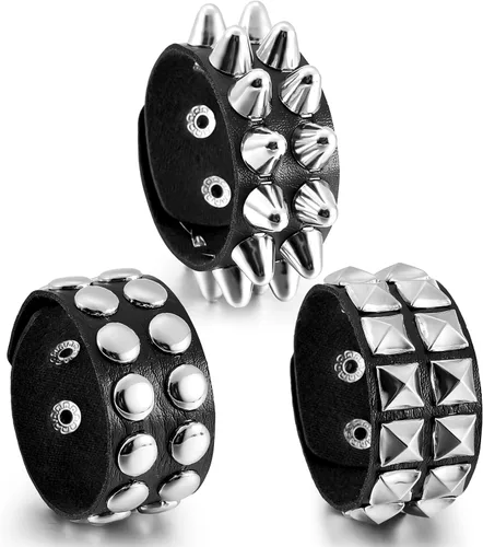 Miniatura 10 de Hicarer 3 piezas de pulsera de cuero punk de Halloween para hombres y mujeres, pulsera gótica de rock de los 80, brazalete unisex para fiesta