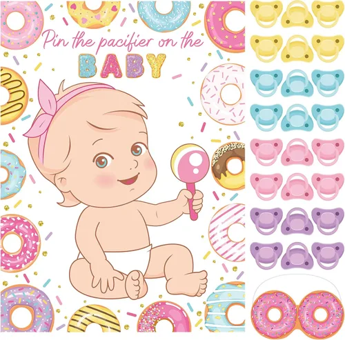 Faccito Pin The Chupete Juego de baby shower, decoración de fiesta de baby shower, incluye póster grande, 24 calcomanías para chupete, juego para