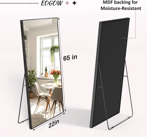 Miniatura 2 de EOGOW Espejo de cuerpo completo de 65 x 22 pulgadas, vidrio templado inastillable, espejo de longitud completa con soporte, para colgar, inclinado
