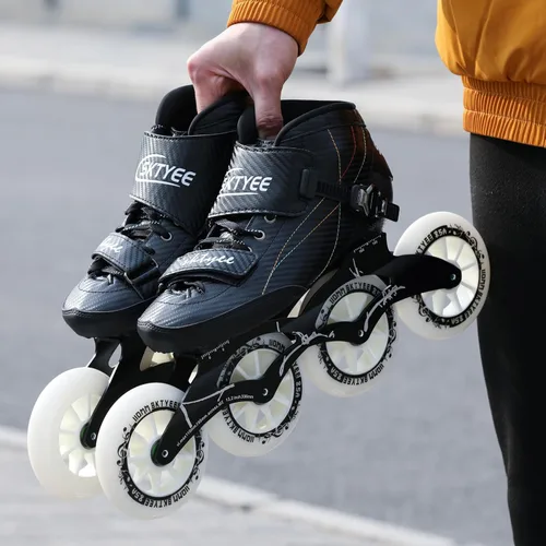 Miniatura 9 de Patines de velocidad en línea para adultos para mujeres y hombres, patines profesionales de fitness, patines de carreras de alto rendimiento, Negro