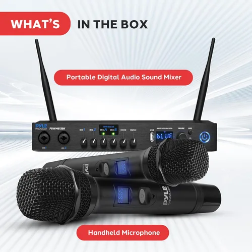 Miniatura 7 de Sistema de micrófono inalámbrico digital Pyle con Bluetooth - Incluye 2 micrófonos de mano UHF dinámicos, receptor portátil de largo alcance