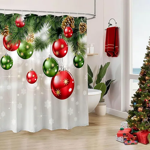 Miniatura 3 de BROSHAN Cortina de ducha de baño de Navidad, juego de cortinas de ducha de Navidad de tela con patrón de adornos verdes y rojos, decoración de baño