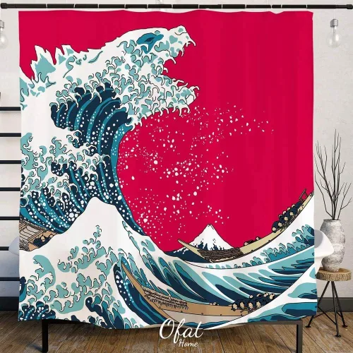 Miniatura 7 de Ofat Home Godzilla and The Great Wave Off Kanagawa - Juego de cortinas de ducha con ganchos, accesorios de baño de pintura japonesa Hokusai,