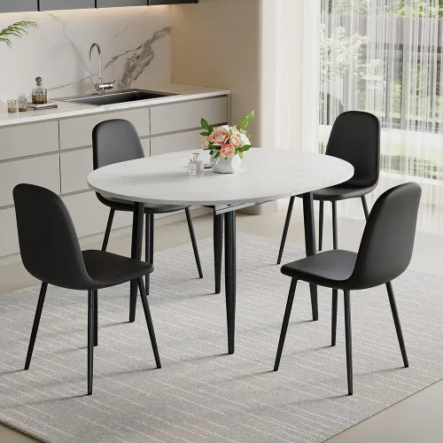 Miniatura 16 de Juego de mesa de comedor extensible de 42 a 54 pulgadas para 4, juego de mesa de comedor ovalada redonda para 4, mesa de cocina blanca con sillas 2º