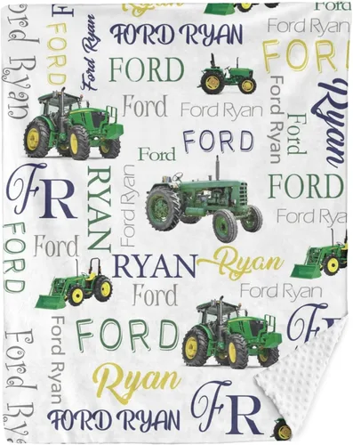 Manta de bebé personalizada con tractor de granja, manta personalizada con nombre de doble capa, manta de felpa suave con respaldo punteado, manta