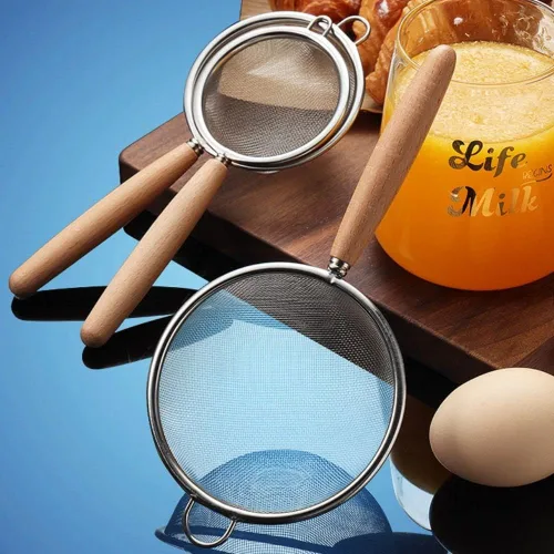 Miniatura 5 de Colador de doble malla fina de acero inoxidable con mango de madera para alimentos, arroz, pasta, harina, colador de harina, tamiz de cocina