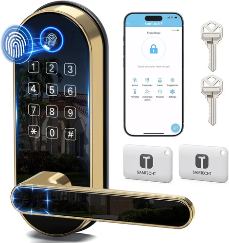 Miniatura 10 de Cerradura inteligente de huellas dactilares Bluetooth con mango y teclado. Se adapta a la mayoría de puertas de EE. UU., instalación de bricolaje