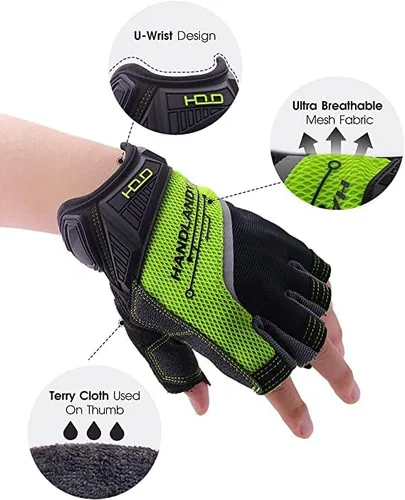 Miniatura 2 de HANDLANDY Guantes de trabajo sin dedos a granel, paquete de 12 pares para hombres y mujeres, guantes de trabajo acolchados de medio dedo