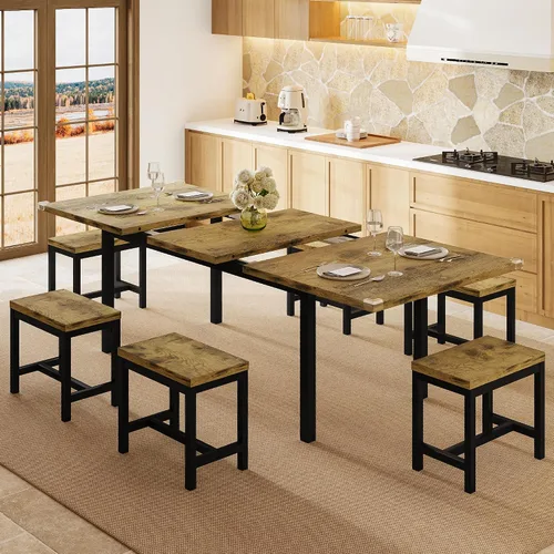 Miniatura 14 de Einhomn Juego de Mesa de Comedor de 5 Piezas para 4-6, Mesa de Cocina Extensible de 63" con 2 Bancos y 2 Taburetes, Estructura de Metal y Tablero