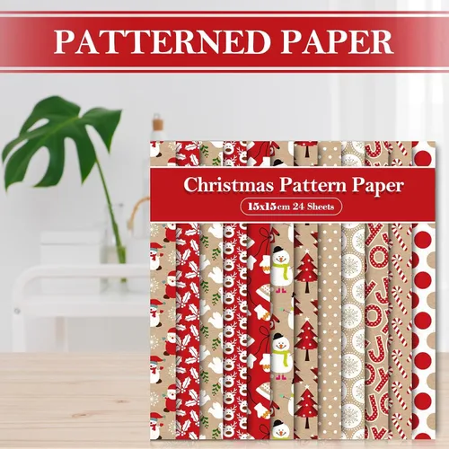 Miniatura 4 de Whaline 24 hojas de papel con patrón de Navidad, Papá Noel, reno, muñeco de nieve, álbum de recortes, papel especial de estraza de doble cara