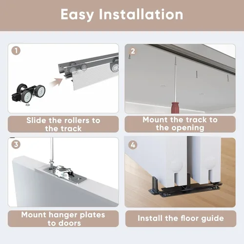Miniatura 6 de JUBEST Herrajes para Puerta Corredera de 48", Juego de Herrajes de Aluminio para Puerta Corredera de Armario con Tirador Incluido, Suave