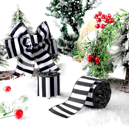 Miniatura 3 de Syhood - 20 yardas 2 rollos de cinta negra y blanca, cinta decorativa de rayas horizontales de Navidad, cinta espiral con alambre para decoración