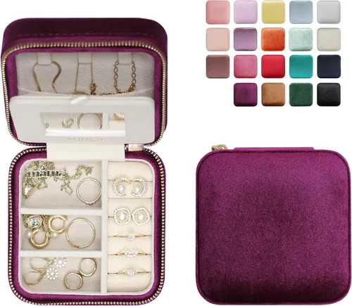 Miniatura 73 de BLUTETE Joyero de viaje organizador de terciopelo con anillos de espejo, aretes, collares, caja organizadora de almacenamiento (negro)