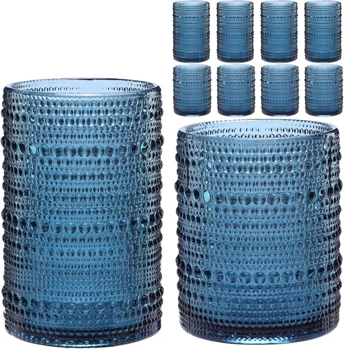 Miniatura 14 de ZMOWIPDL Juego de vasos de vidrio vintage de 6 vasos de vidrio de hobnail de 15 onzas, vaso de agua azul en relieve, para cerveza, cóctel, whisky