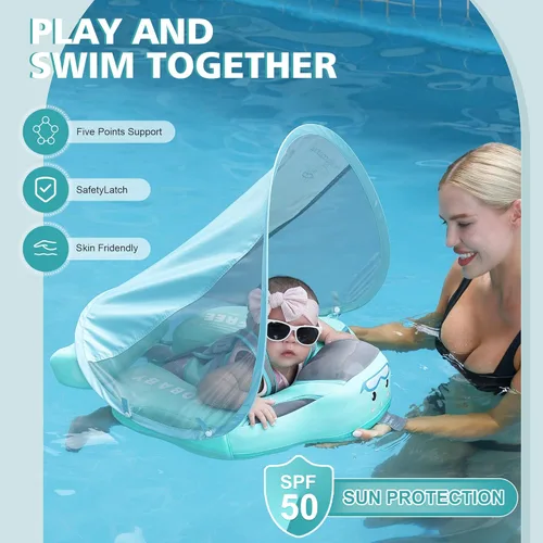 Miniatura 2 de Mambobaby Flotador de piscina para bebé con toldo extraíble – Flotador de natación infantil no inflable con diseño de cola antideslizante, Rosa