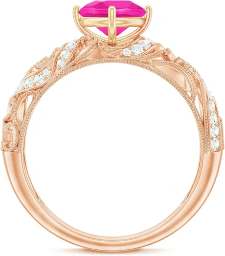 Miniatura 24 de Anillo de compromiso redondo de zafiro rosa cultivado en laboratorio certificado con diamante Calidad AAAA Anillo de estilo vintage para mujer