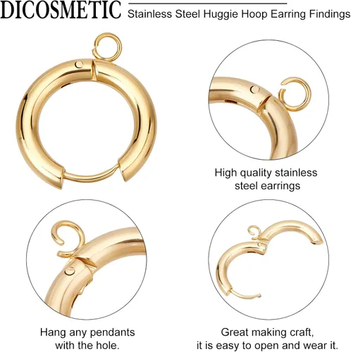 Miniatura 4 de DICOSMETIC Ganchos redondos para arete Huggie, aretes de aro de acero inoxidable con lazo, juegos de aretes de aro gruesos para hacer joyas