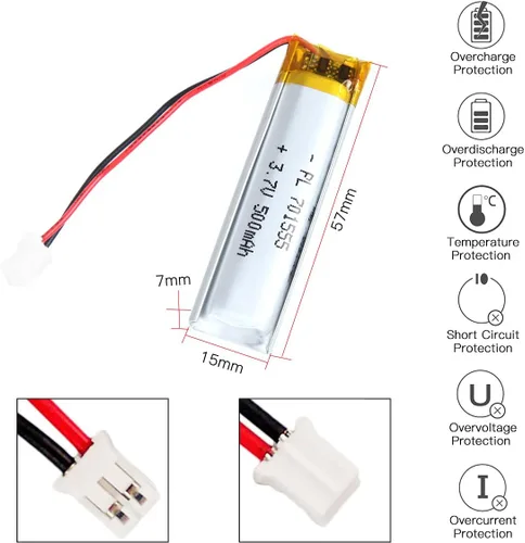 Miniatura 3 de 3.7V 500mAh Batería de Polímero de Iones de Litio Recargable Li-ion Li-Po con Conector de 2P PH 2.0mm de Pitch