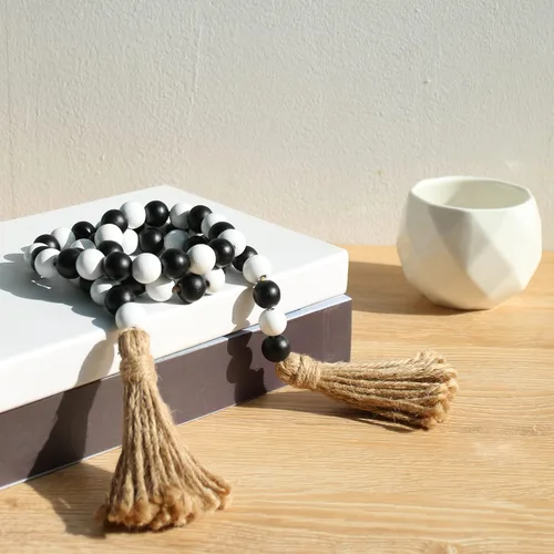 Miniatura 4 de Meplait - Guirnalda de cuentas de madera - 39 pulgadas de estilo rústico con borlas para decoración de bandejas escalonadas - Negro y blanco