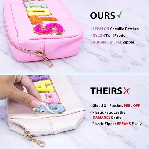 Miniatura 5 de Fablinks Bolsa de cosméticos de nylon rosa con parches de letras de chenilla